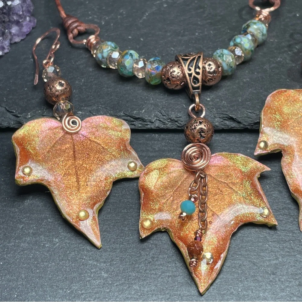Autumn Leaf Jewelry Set Fairycore Earrings And Pendant | Artisan Jewelry